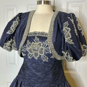 Claires Collection  Silk Elegant Navy Blue Crystal Embellished Dress & Bolero